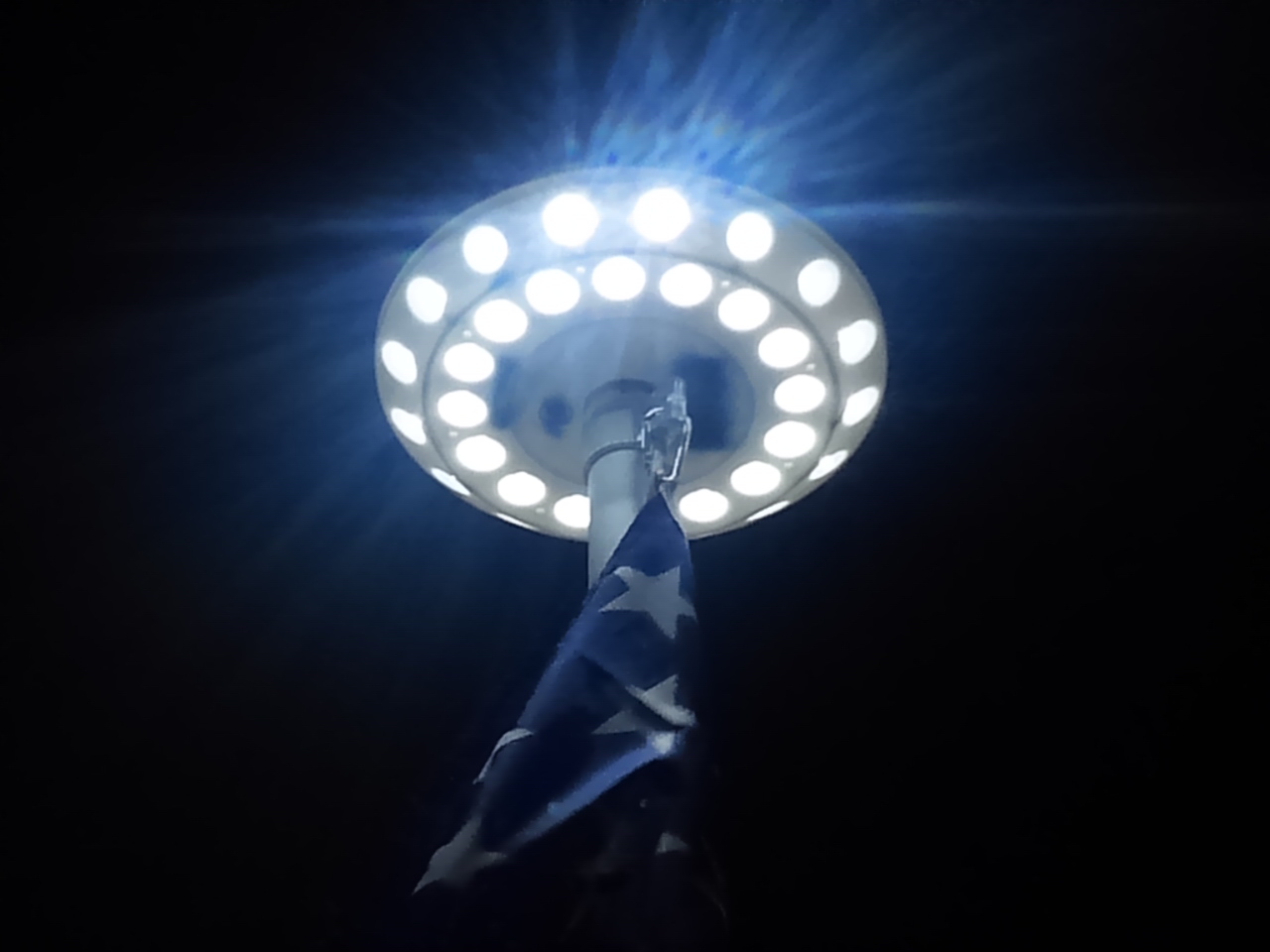 Double Row Solar Flagpole Top Light at Night - PolePalUSA